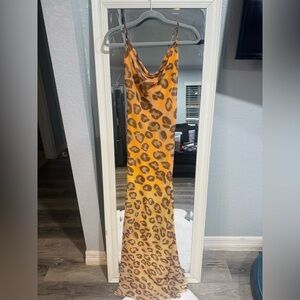 Leopard Print Cowl Neck Slip Dress in Mustard